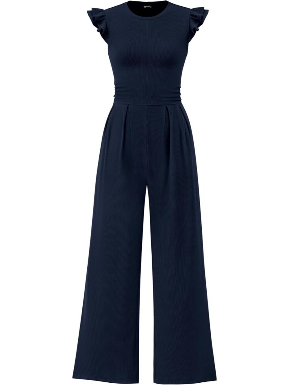 Women's Navy Crewneck Jumpsuits Cap Sleeve Ruffle Ribbed Wide Leg Casual Romper